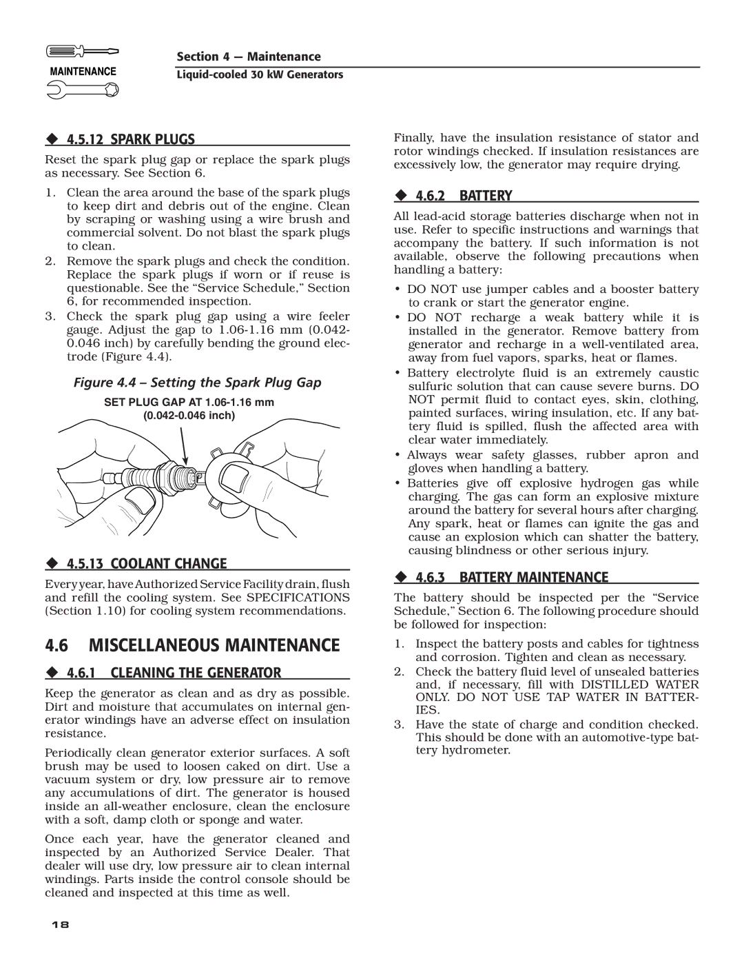 Guardian Technologies 004988-4 owner manual Miscellaneous Maintenance, ‹ 4.5.13 Coolant Change, ‹ 4.6.3 Battery Maintenance 