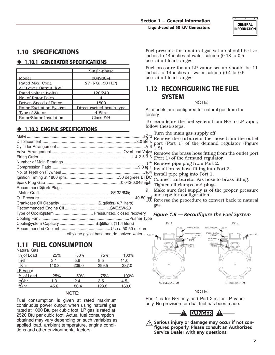 Guardian Technologies 004988-4 owner manual Specifications, Reconfiguring the Fuel System, Fuel Consumption 