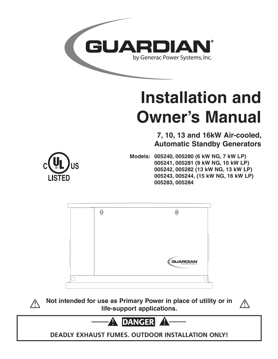 Guardian Technologies 005282, 005281, 005283, 005284, 005280, 005243, 005244, 005242, 005240, 005241 owner manual Listed 