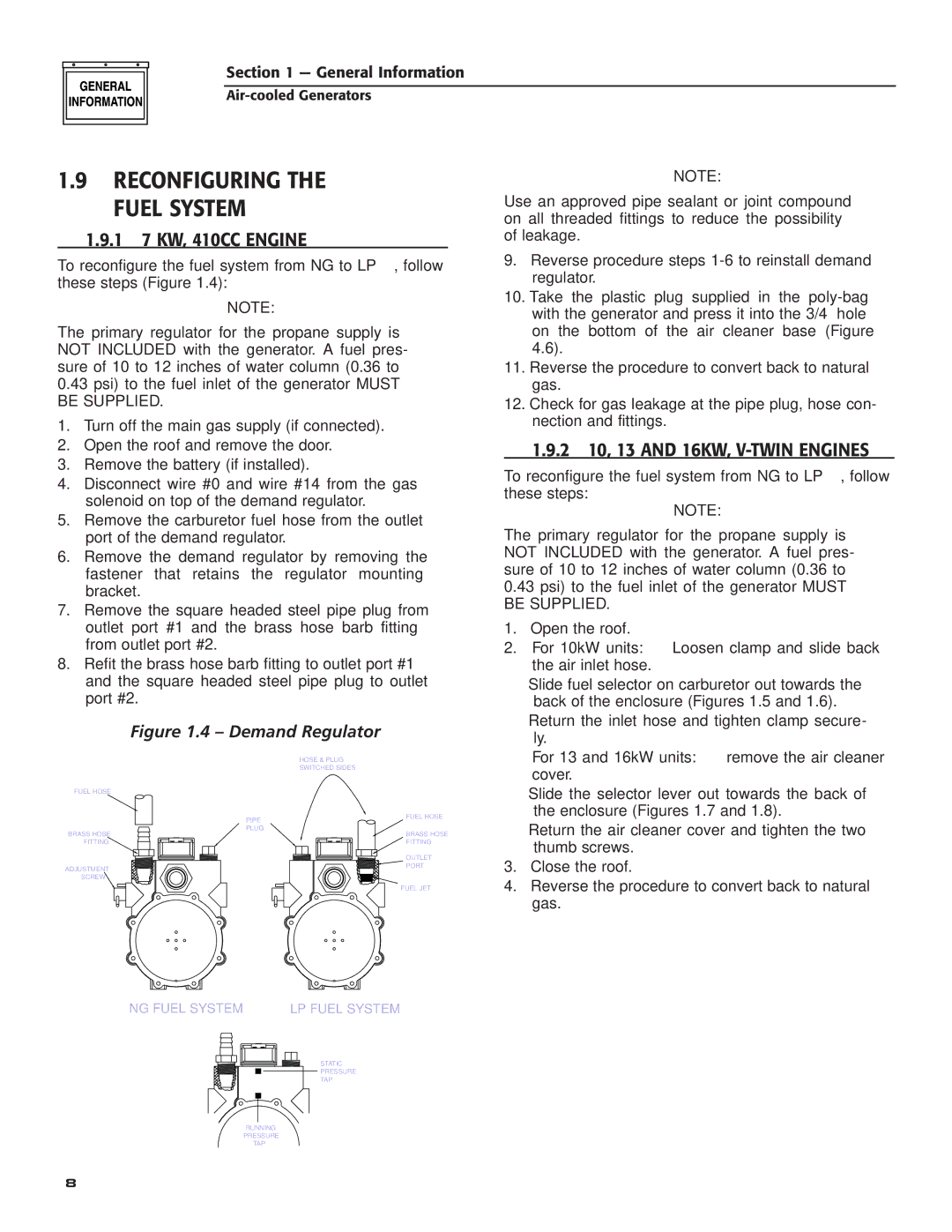 Guardian Technologies 005281, 005282, 005283, 005284, 005280, 005243 Reconfiguring the Fuel System, ‹ 1.9.1 7 KW, 410CC Engine 