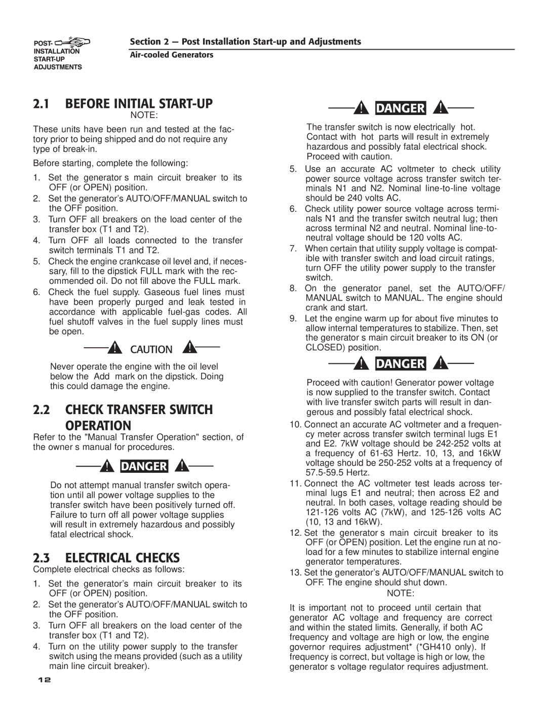 Guardian Technologies 005280, 005281, 005282 Before Initial START-UP, Check Transfer Switch Operation, Electrical Checks 