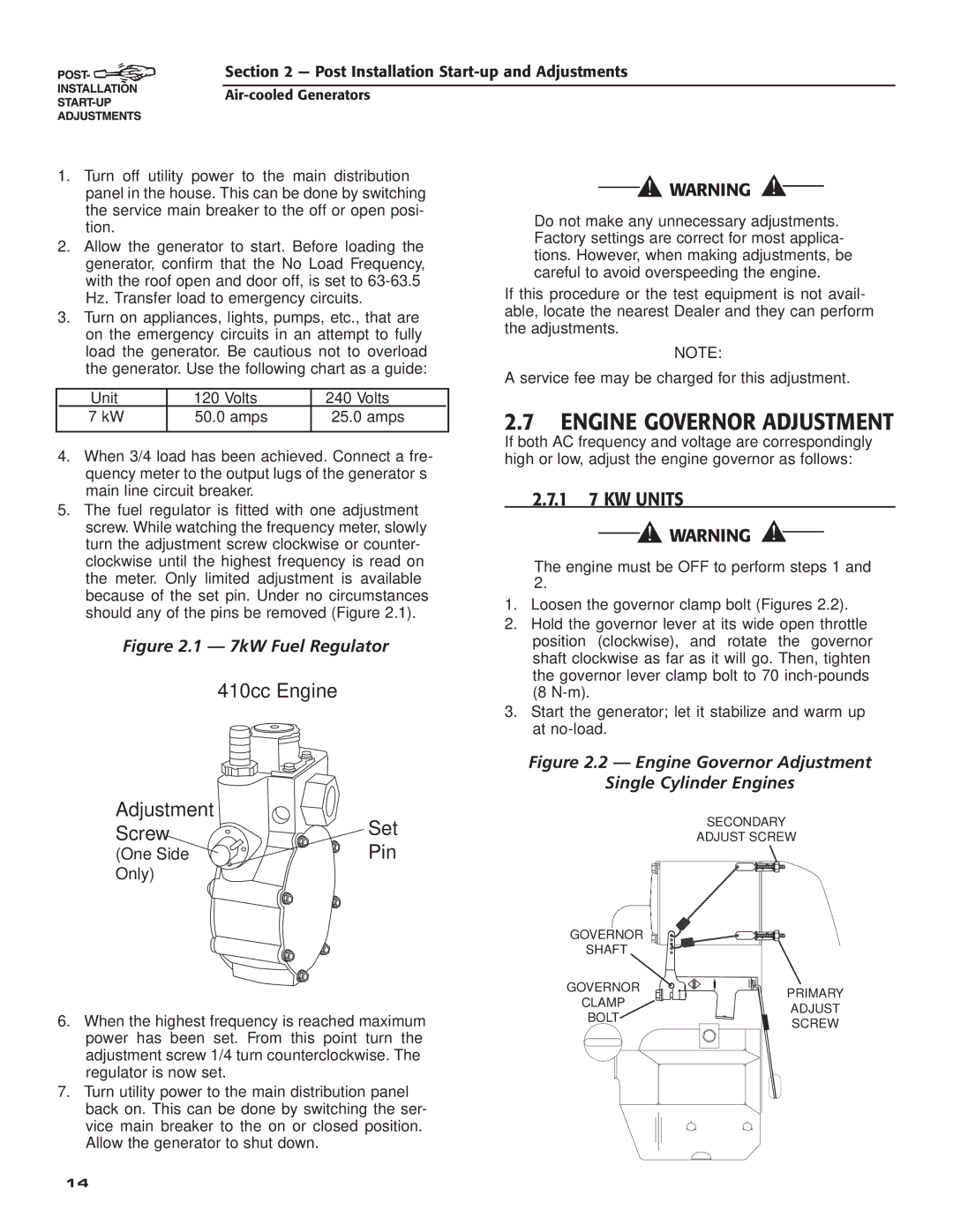 Guardian Technologies 005244, 005281, 005282, 005283, 005284, 005280, 005243 Engine Governor Adjustment, ‹ 2.7.1 7 KW Units 