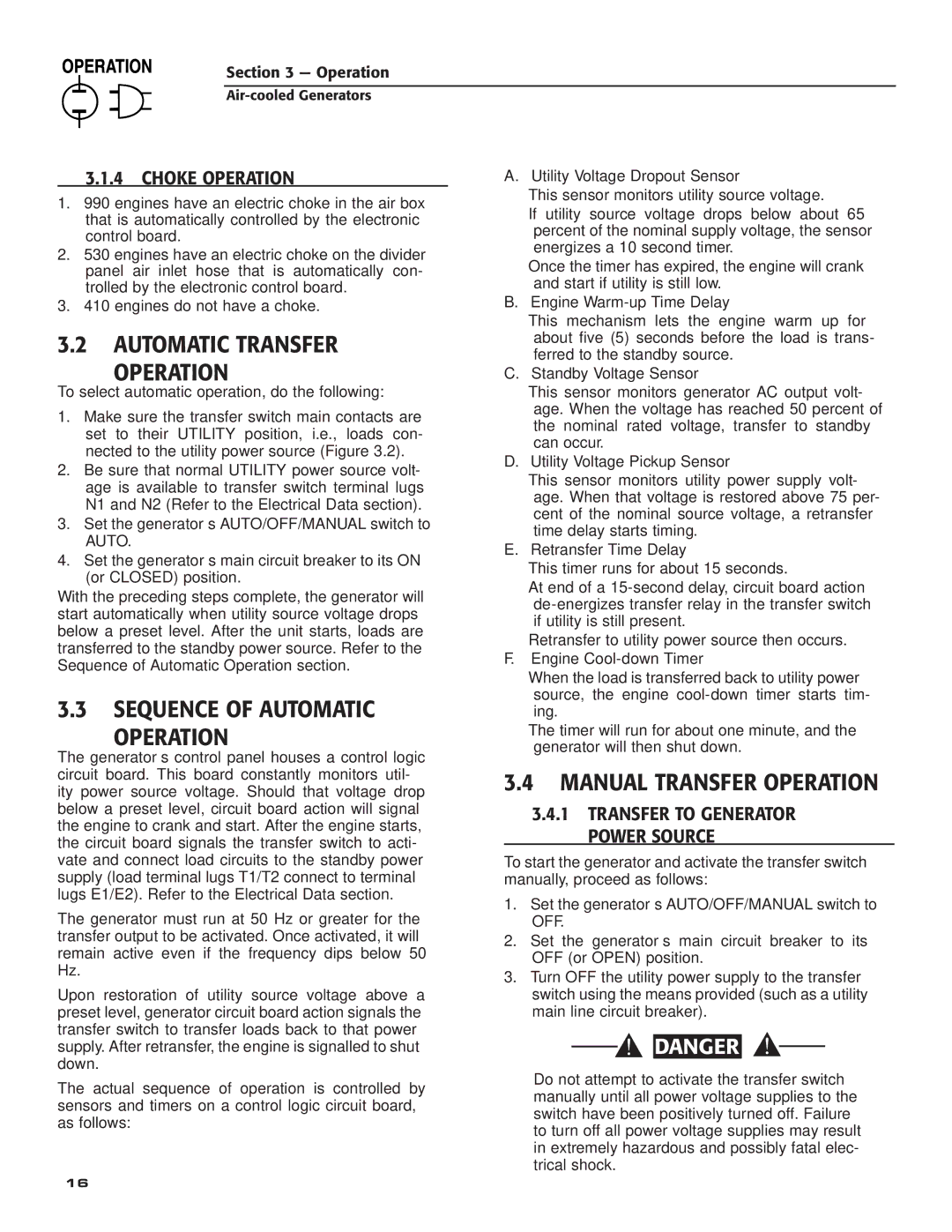 Guardian Technologies 005240 Automatic Transfer Operation, Sequence of Automatic Operation, Manual Transfer Operation 