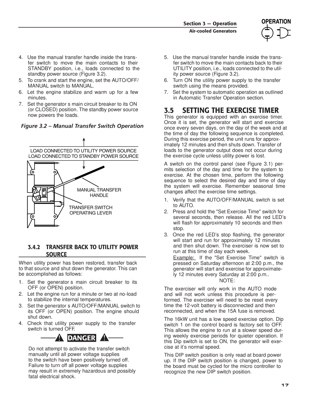 Guardian Technologies 005241, 005281, 005282 Setting the Exercise Timer, ‹ 3.4.2 Transfer Back to Utility Power Source 