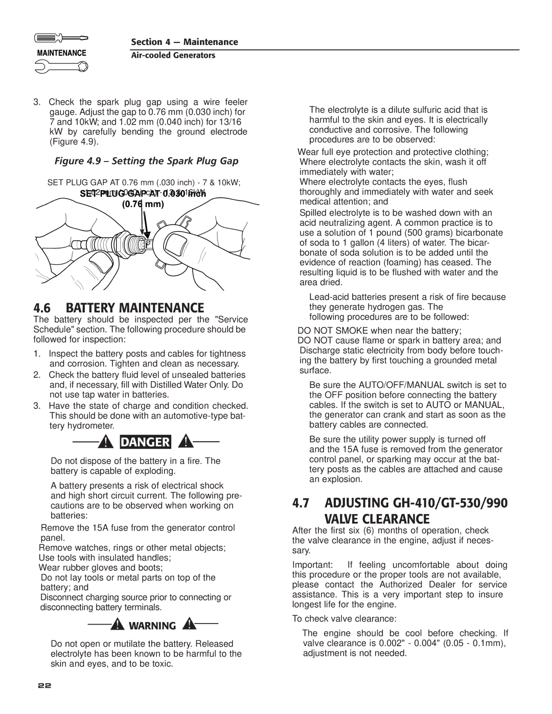 Guardian Technologies 005280, 005281, 005282, 005283, 005284, 005243, 005244, 005242, 005240 Battery Maintenance, Valve Clearance 