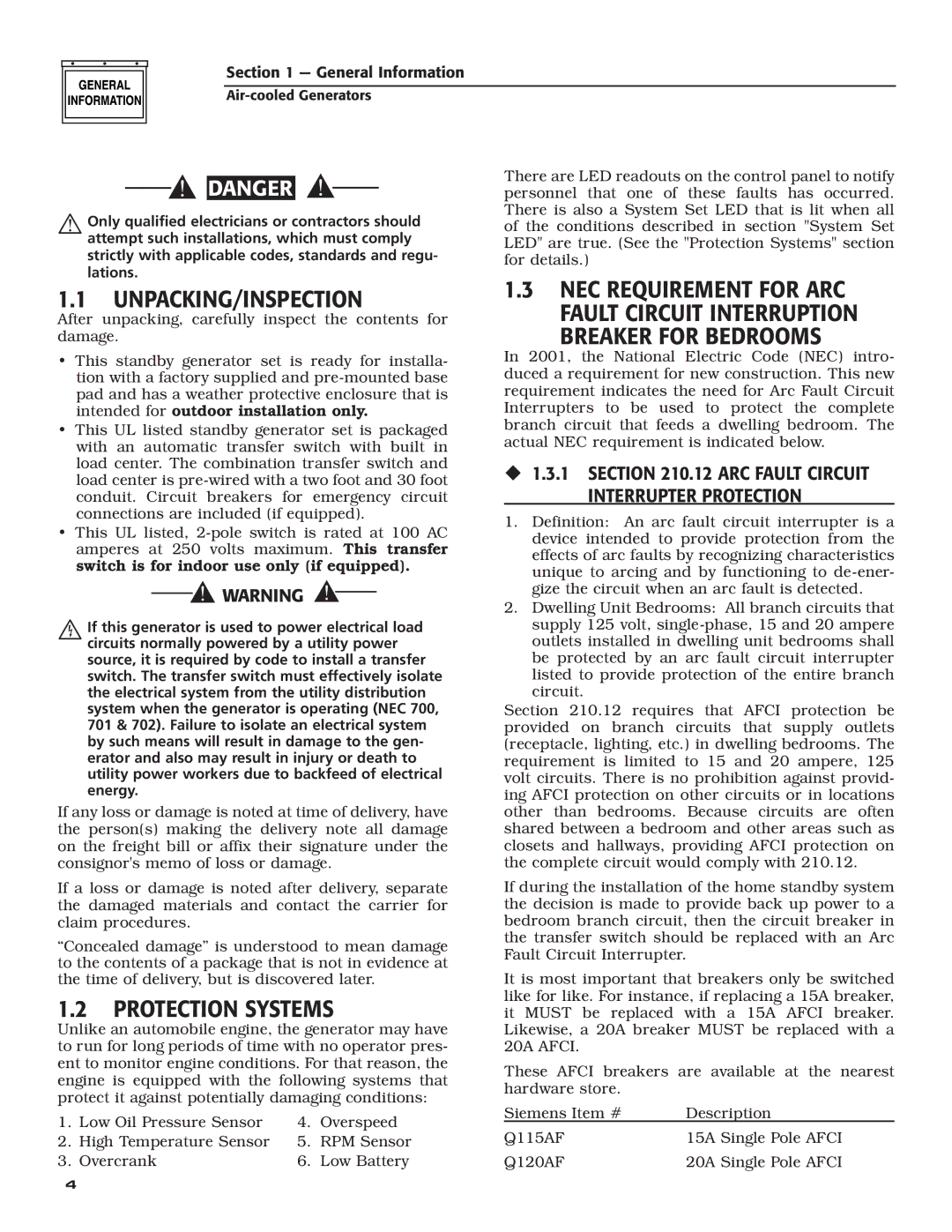 Guardian Technologies 005244, 005281, 005282, 005283, 005284 Unpacking/Inspection, Protection Systems, Breaker for Bedrooms 