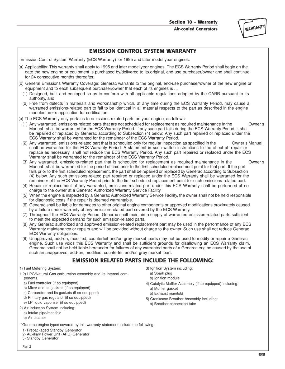 Guardian Technologies 005282, 005281, 005283 Emission Control System Warranty, Emission Related Parts Include the Following 