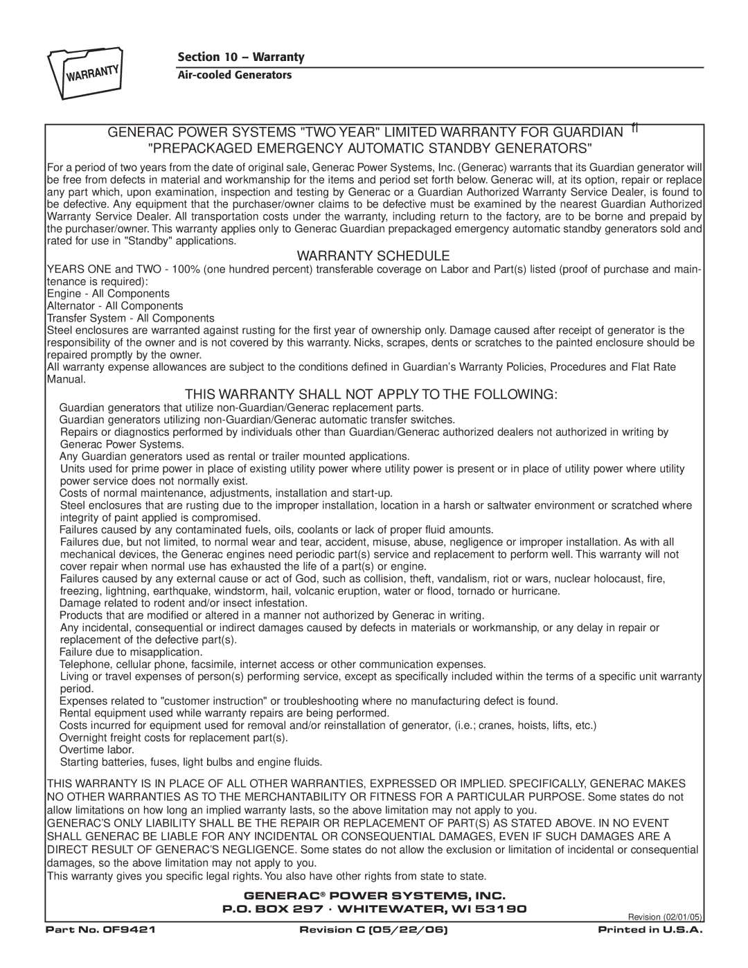 Guardian Technologies 005283, 005281, 005282, 005284, 005280, 005243, 005244, 005242, 005240, 005241 owner manual Warranty Schedule 