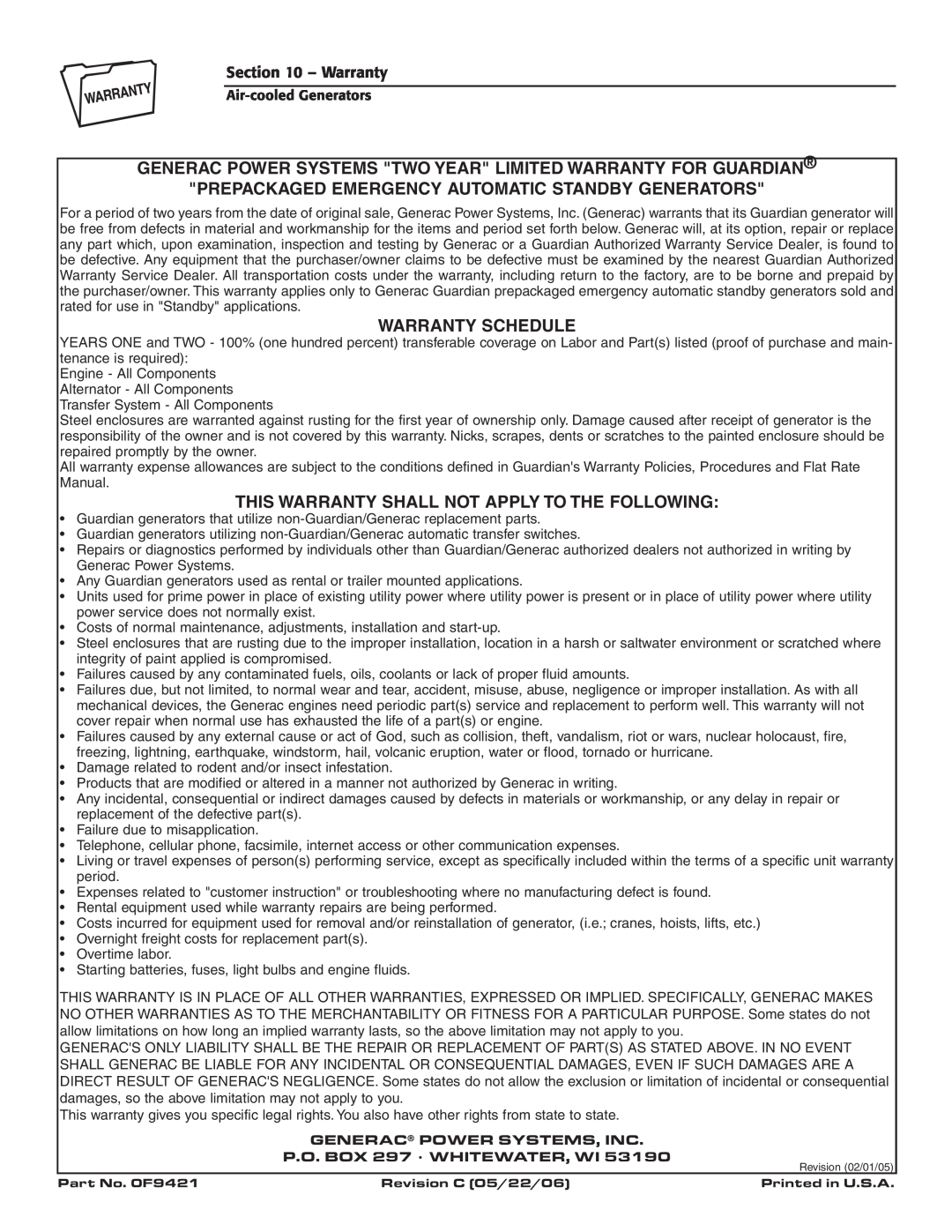 Guardian Technologies 005283 Warranty Schedule, This Warranty Shall Not Apply To The Following, Air-cooledGenerators 