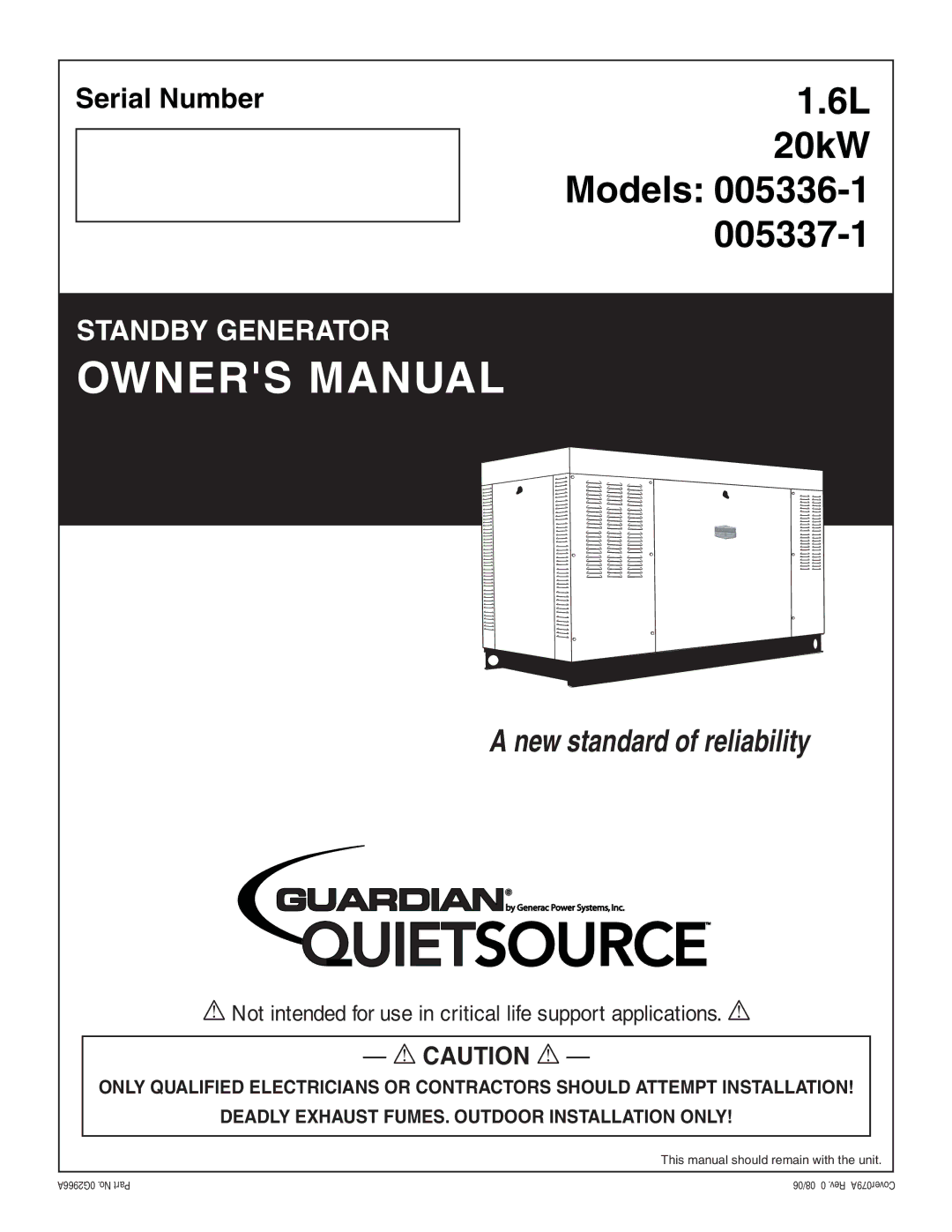 Guardian Technologies 005336-1, 005337-1 owner manual 20kW Models 005336-1 