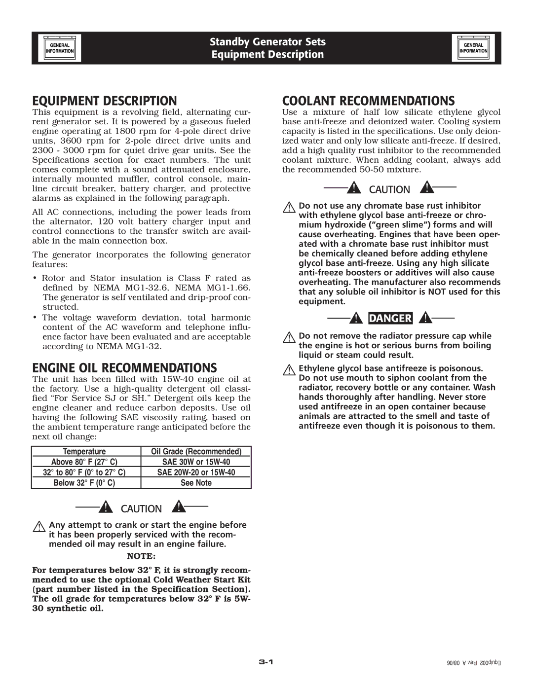 Guardian Technologies 005336-1, 005337-1 Equipment Description, Engine OIL Recommendations, Coolant Recommendations 