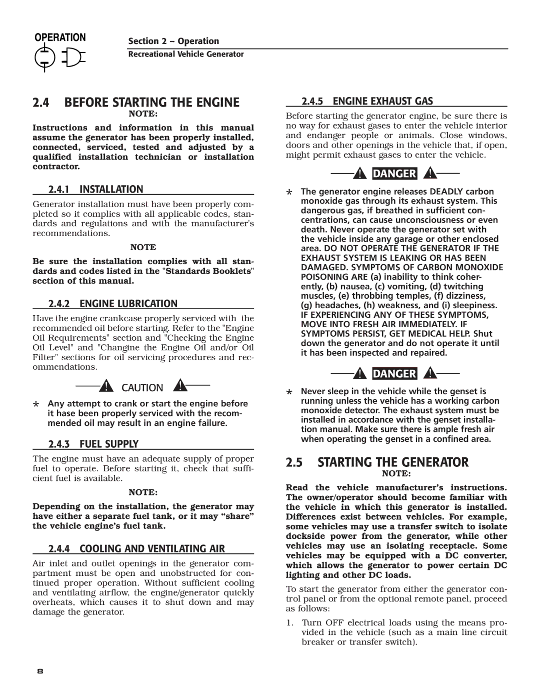 Guardian Technologies 02010-2, 04164-3 owner manual Before Starting the Engine, Starting the Generator 