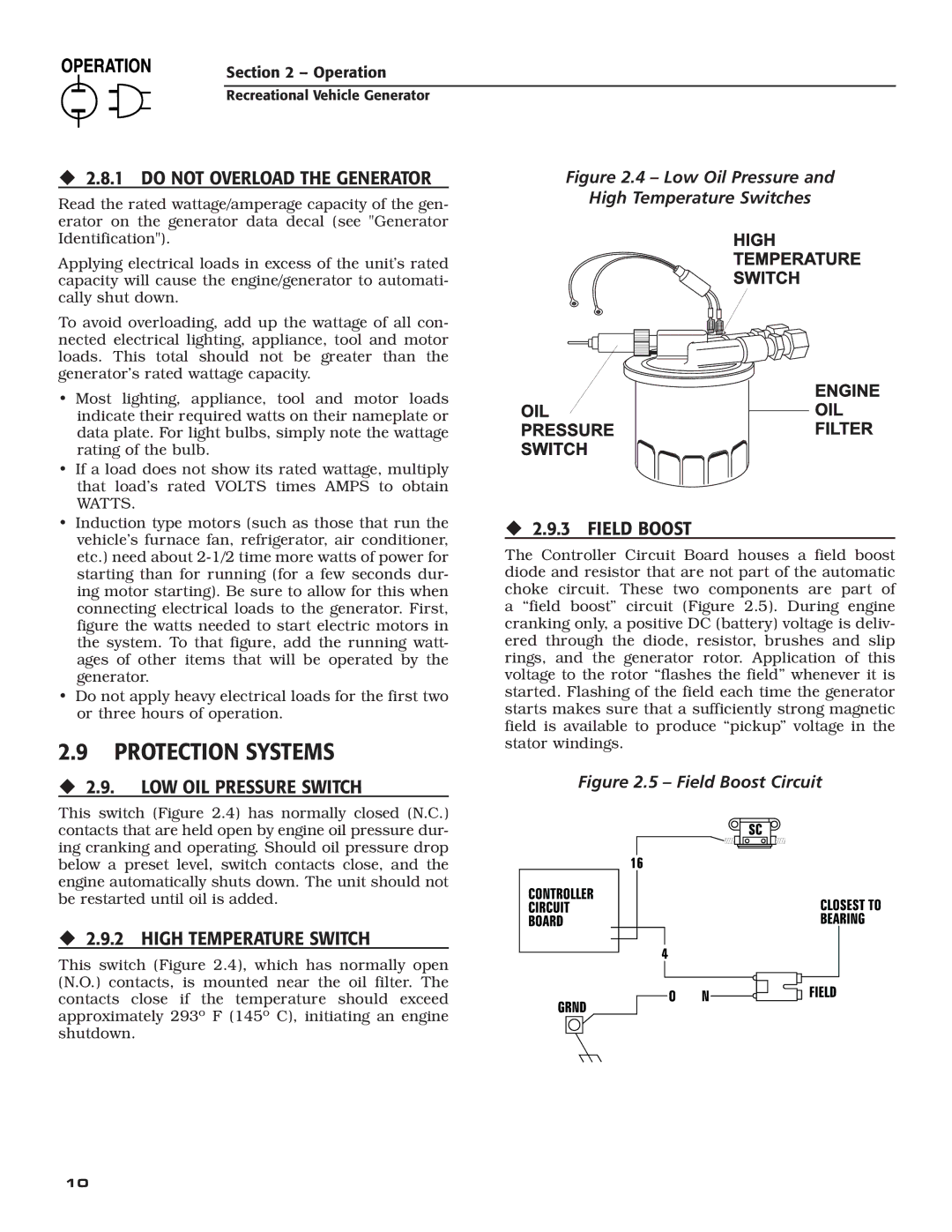 Guardian Technologies 02010-2, 04164-3 Protection Systems, ‹ 2.8.1 do not Overload the Generator, ‹ 2.9.3 Field Boost 