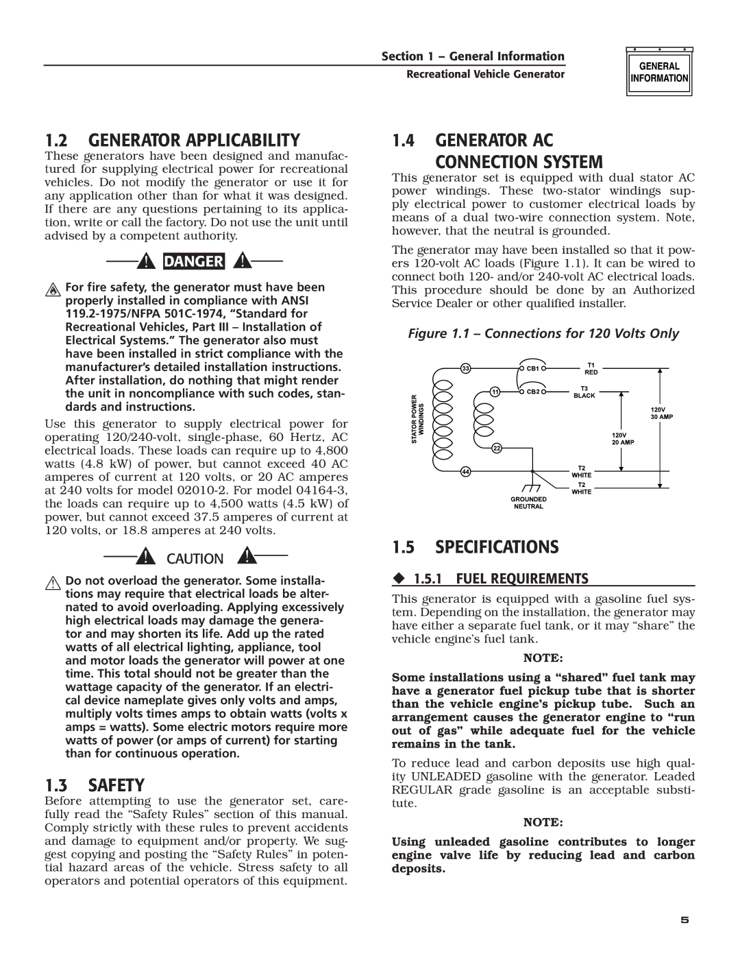 Guardian Technologies 02010-2, 04164-3 Generator Applicability, Generator AC Connection System, Safety, Specifications 