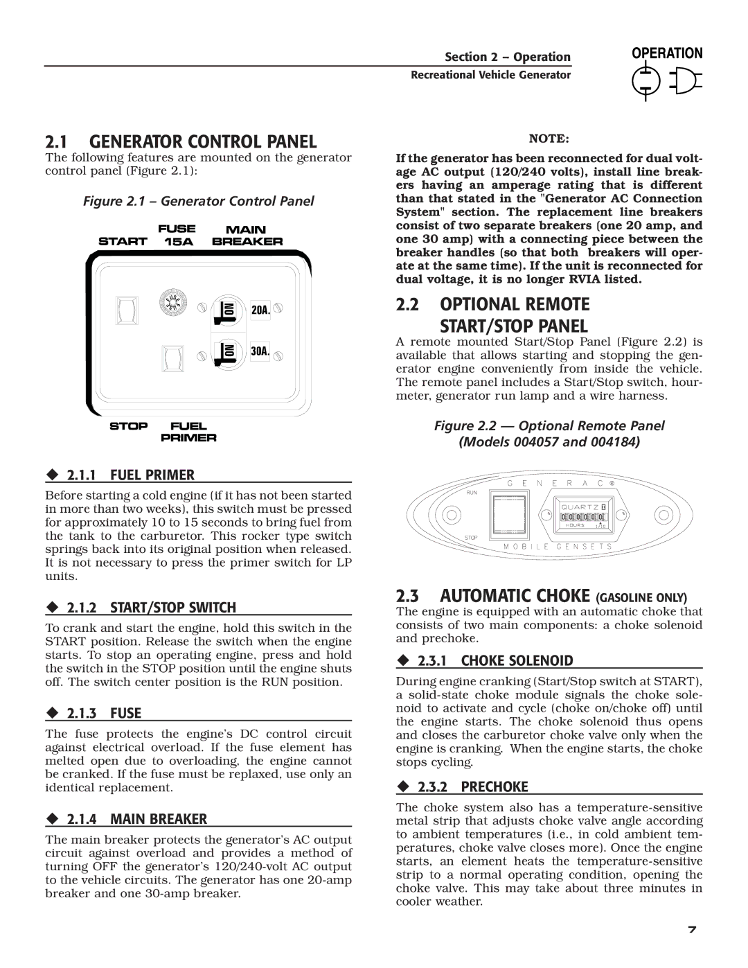 Guardian Technologies 02010-2, 04164-3 owner manual Generator Control Panel, Optional Remote START/STOP Panel 