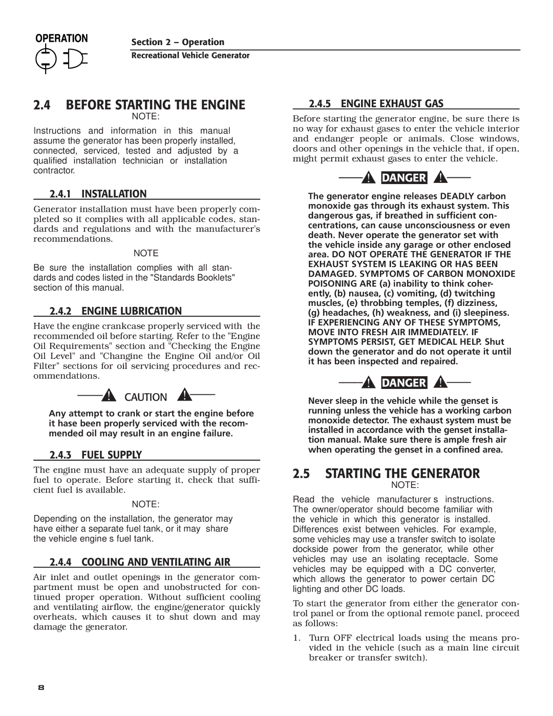 Guardian Technologies 02010-2, 04164-3 owner manual Before Starting the Engine, Starting the Generator 