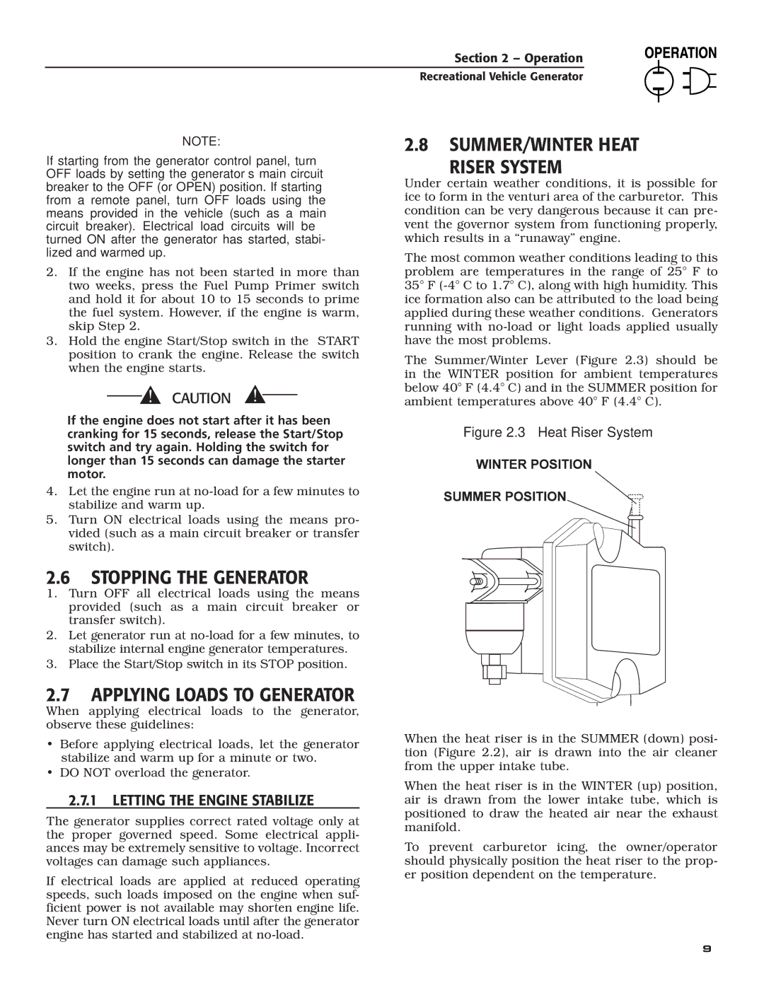 Guardian Technologies 04164-3, 02010-2 owner manual SUMMER/WINTER Heat Riser System, Stopping the Generator 