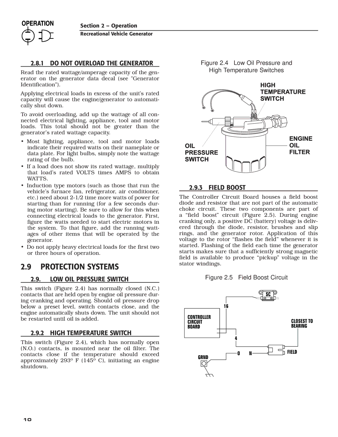 Guardian Technologies 02010-2 Protection Systems, ‹ 2.8.1 do not Overload the Generator, ‹ 2.9. LOW OIL Pressure Switch 