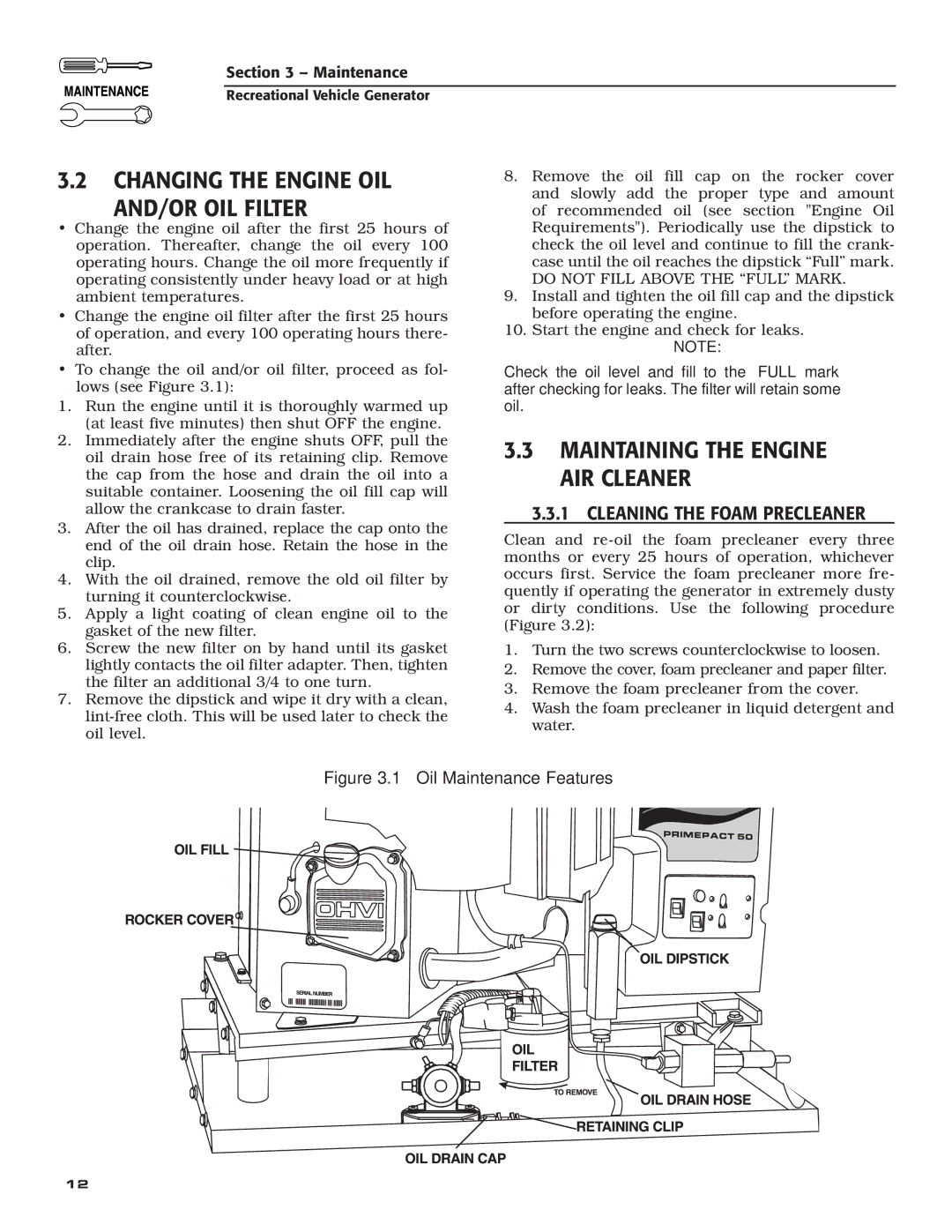 Guardian Technologies 02010-2, 04164-3 Changing the Engine OIL AND/OR OIL Filter, Maintaining the Engine AIR Cleaner 