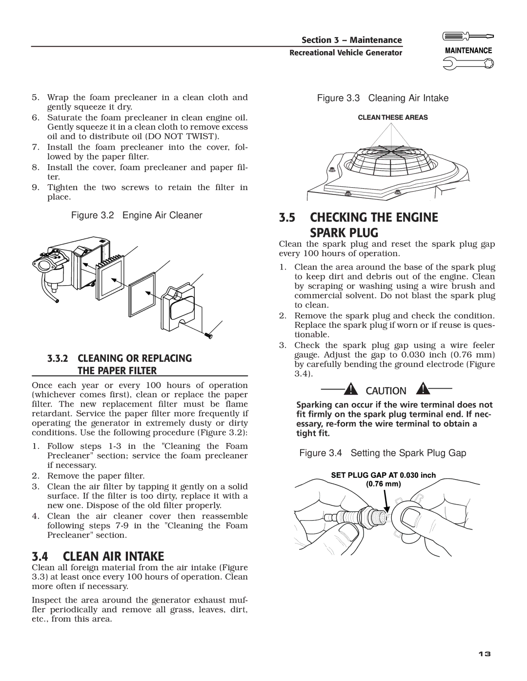 Guardian Technologies 04164-3, 02010-2 owner manual Clean AIR Intake, Checking the Engine Spark Plug 