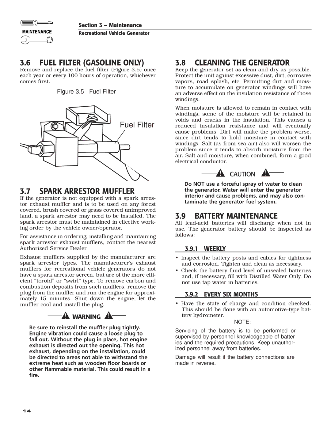 Guardian Technologies 02010-2, 04164-3 Fuel Filter Gasoline only, Spark Arrestor Muffler, Cleaning the Generator 