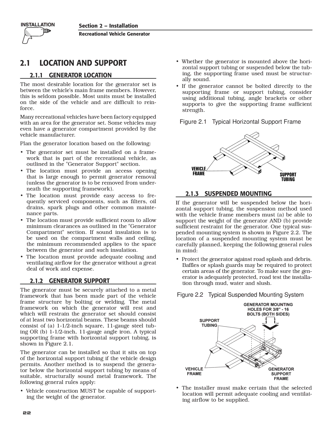 Guardian Technologies 02010-2, 04164-3 Location and Support, ‹ 2.1.1 Generator Location, ‹ 2.1.2 Generator Support 