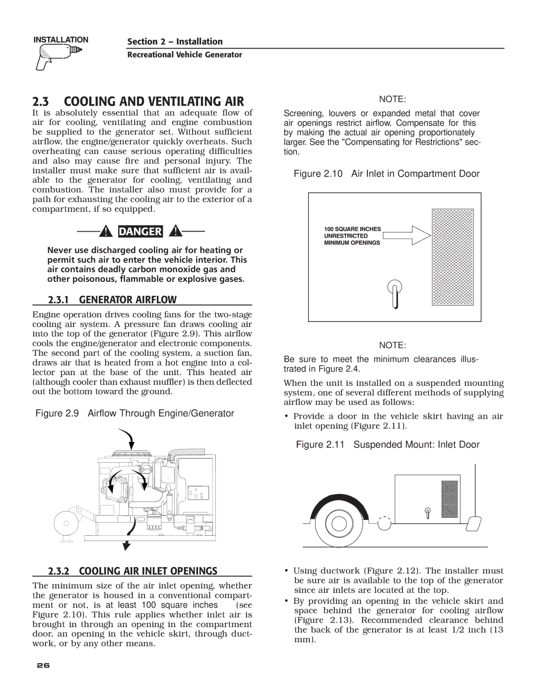 Guardian Technologies 02010-2 Cooling and Ventilating AIR, ‹ 2.3.1 Generator Airflow, ‹ 2.3.2 Cooling AIR Inlet Openings 