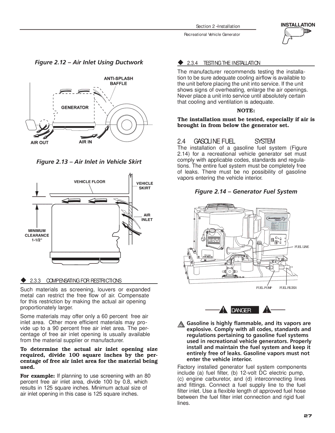 Guardian Technologies 04164-3, 02010-2 owner manual Gasoline Fuel System, ‹ 2.3.4 Testing the Installation 