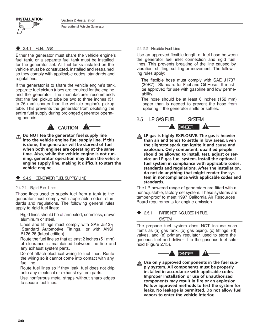 Guardian Technologies 02010-2, 04164-3 owner manual LP GAS Fuel System, ‹ 2.4.2 Generator Fuel Supply Line 