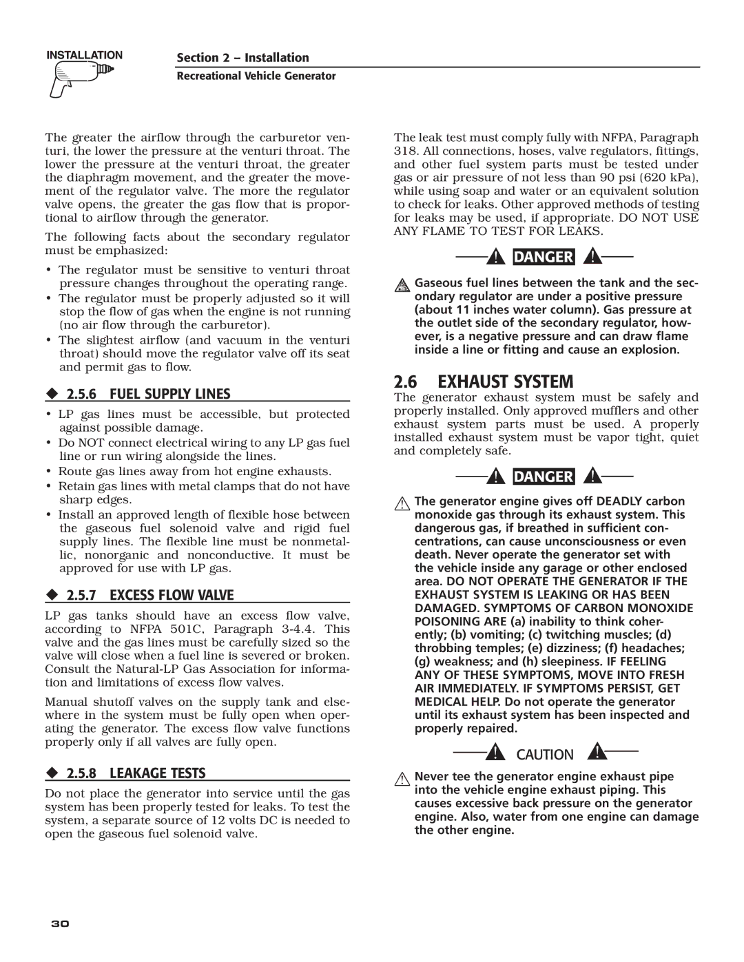 Guardian Technologies 02010-2 Exhaust System, ‹ 2.5.6 Fuel Supply Lines, ‹ 2.5.7 Excess Flow Valve, ‹ 2.5.8 Leakage Tests 