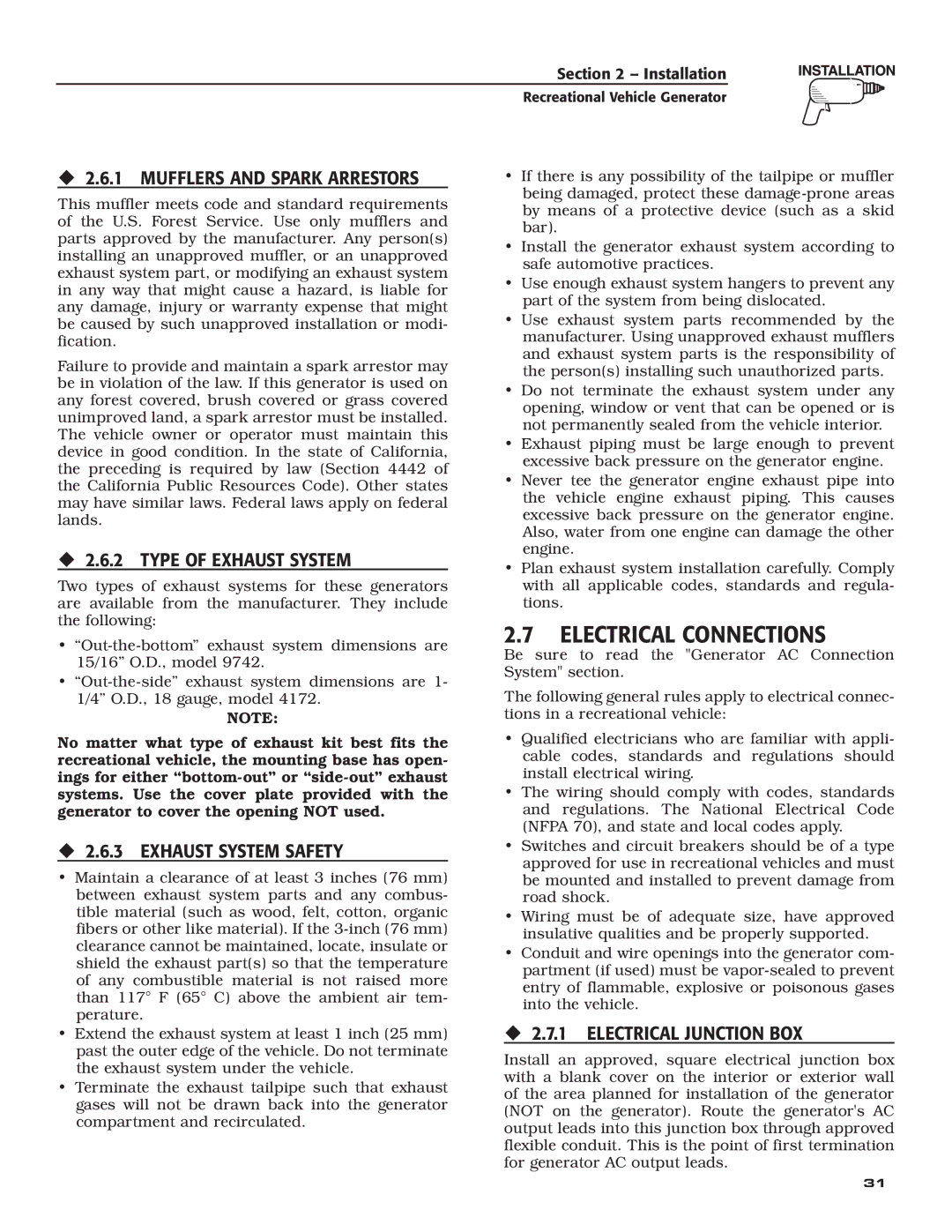 Guardian Technologies 04164-3, 02010-2 owner manual ‹ 2.6.1 Mufflers and Spark Arrestors, ‹ 2.6.2 Type of Exhaust System 