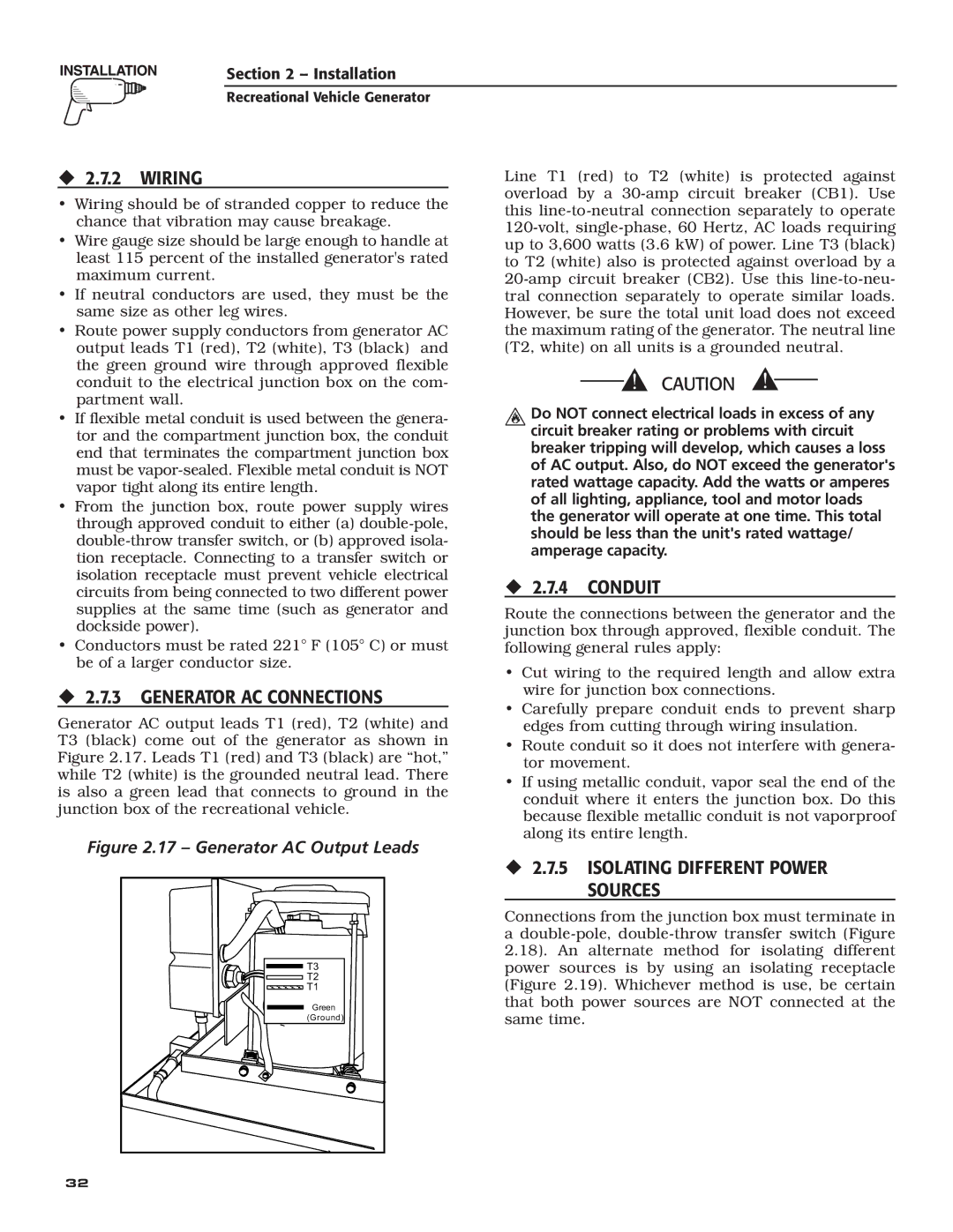 Guardian Technologies 02010-2, 04164-3 owner manual ‹ 2.7.2 Wiring, ‹ 2.7.3 Generator AC Connections 