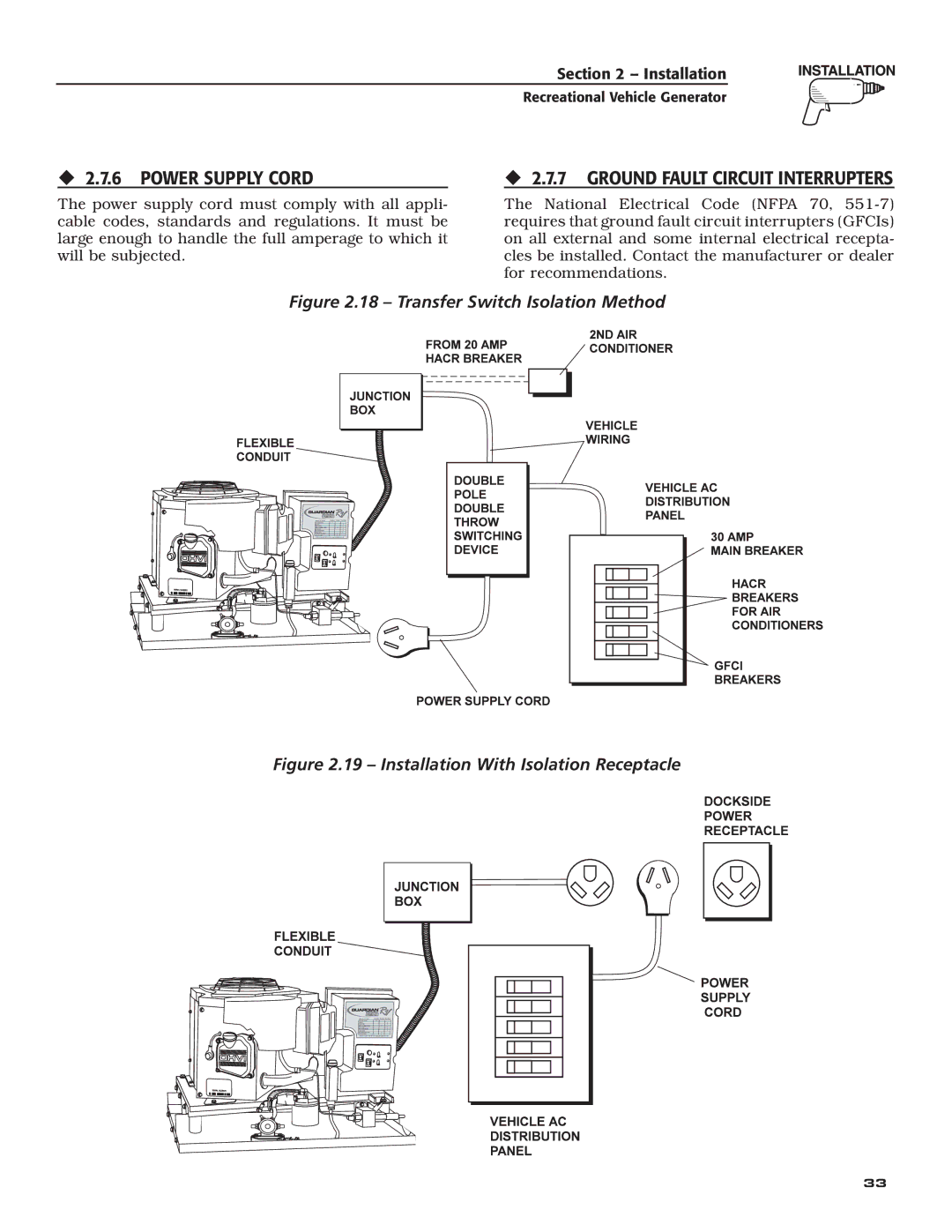 Guardian Technologies 04164-3, 02010-2 owner manual ‹ 2.7.6 Power Supply Cord, ‹ 2.7.7 Ground Fault Circuit Interrupters 