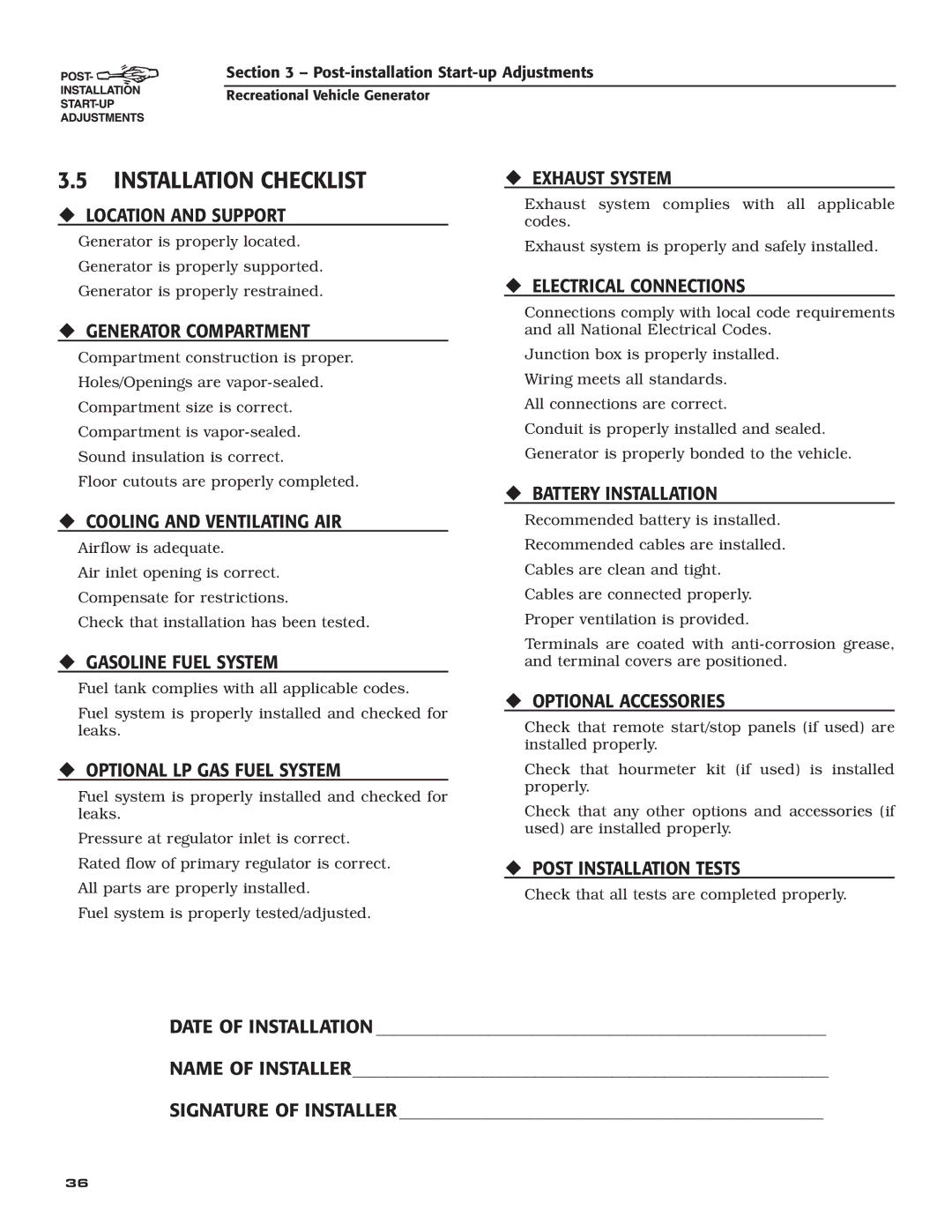 Guardian Technologies 02010-2, 04164-3 owner manual Installation Checklist 