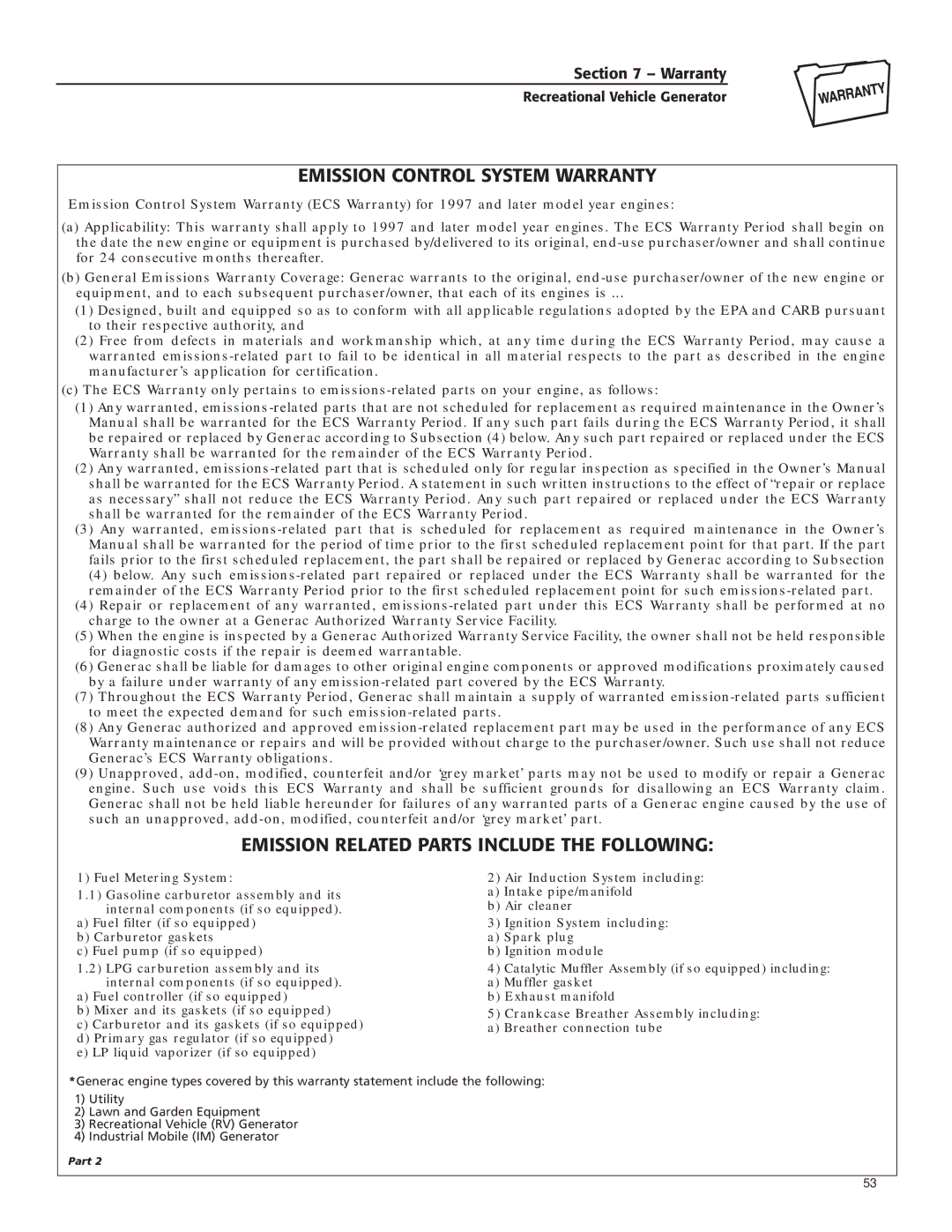 Guardian Technologies 04164-3, 02010-2 Emission Control System Warranty, Emission Related Parts Include the Following 