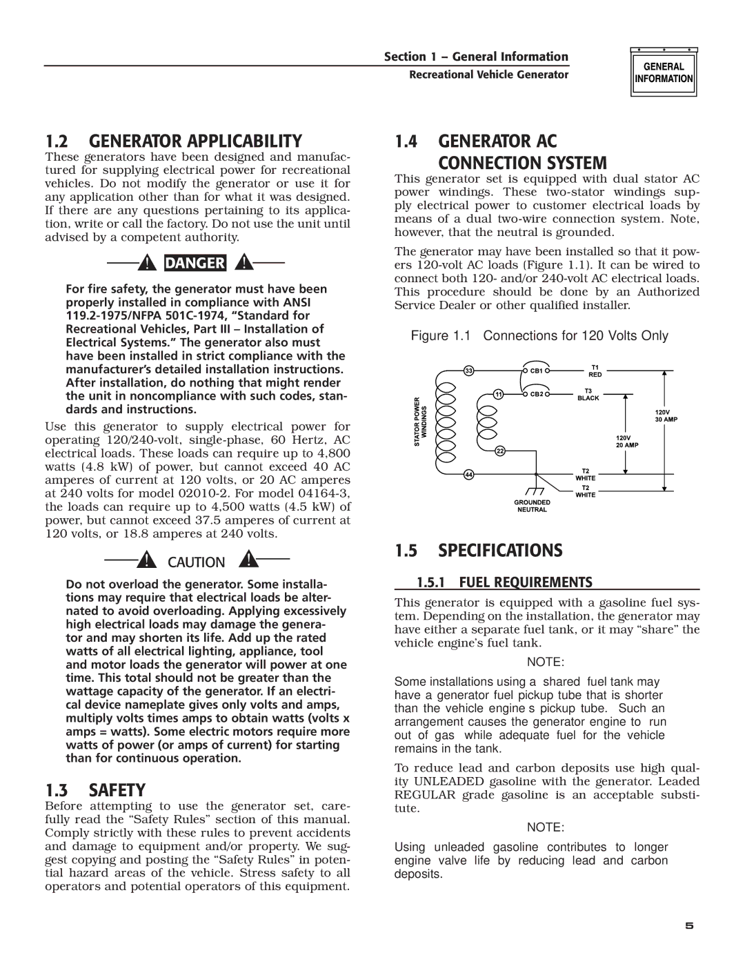 Guardian Technologies 04164-3, 02010-2 Generator Applicability, Generator AC Connection System, Safety, Specifications 