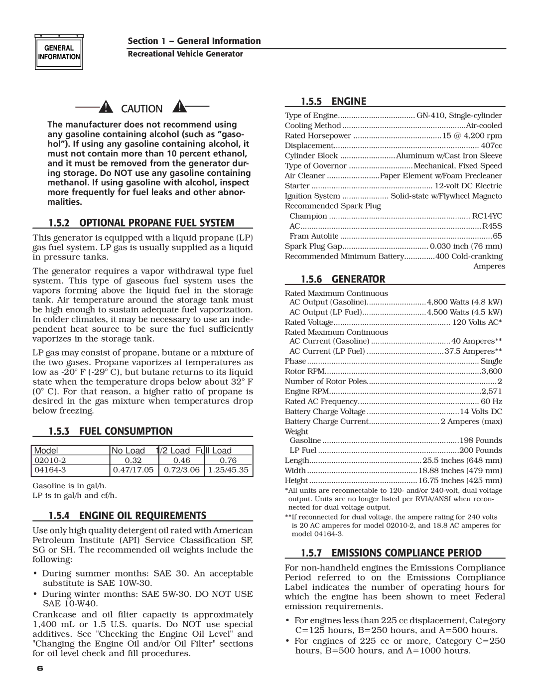 Guardian Technologies 02010-2, 04164-3 ‹ 1.5.2 Optional Propane Fuel System, ‹ 1.5.3 Fuel Consumption, ‹ 1.5.6 Generator 