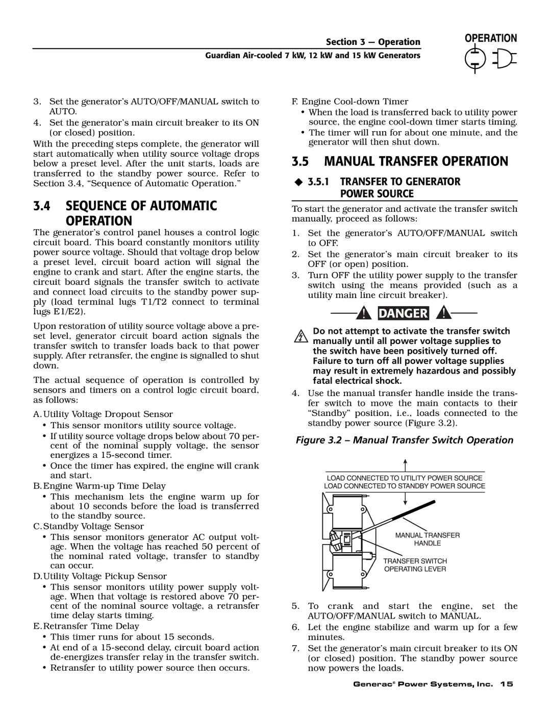 Guardian Technologies 04390-2, 04389-2, 04456-2 owner manual Manual Transfer Operation, Sequence of Automatic Operation 