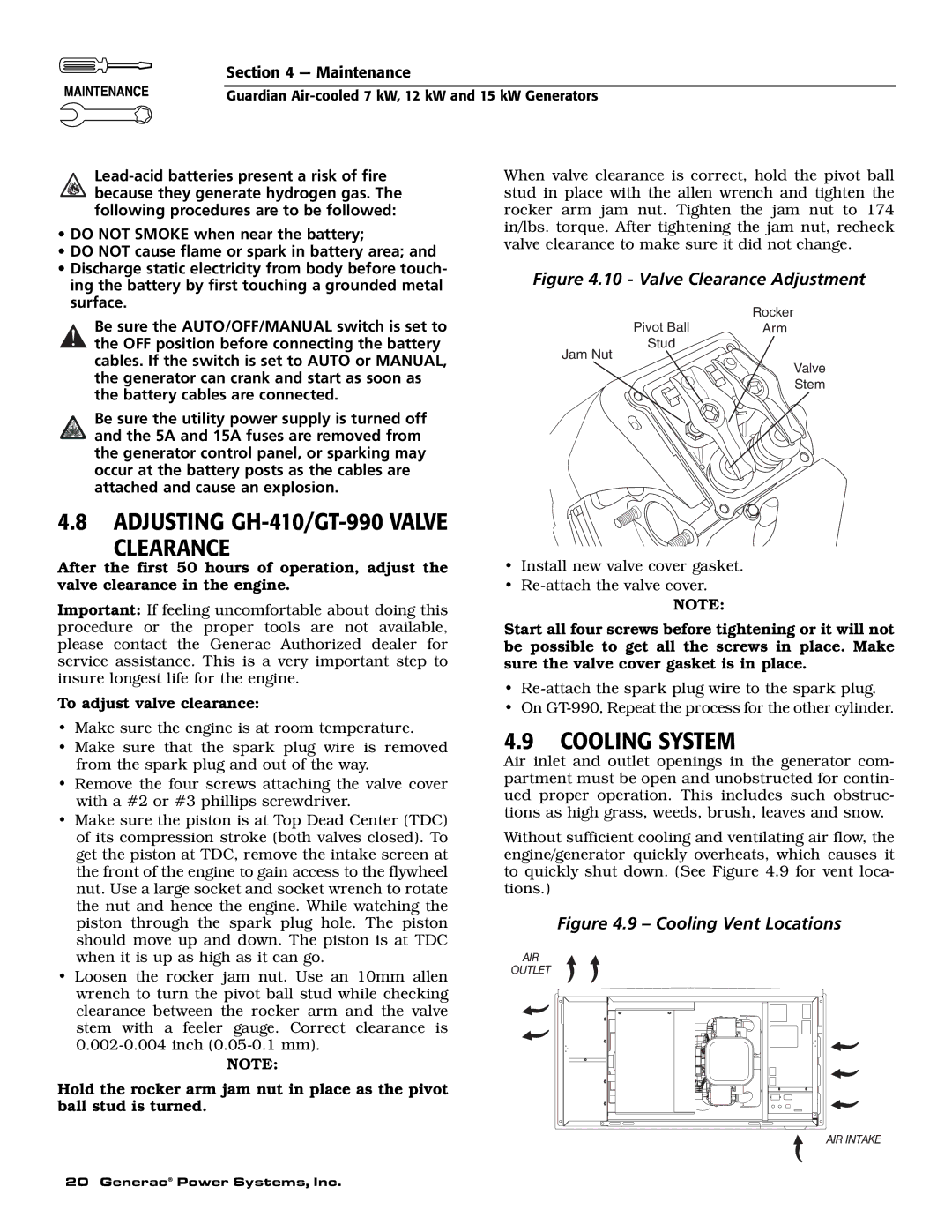 Guardian Technologies 04456-2, 04389-2, 04390-2 owner manual Adjusting GH-410/GT-990 Valve Clearance, Cooling System 