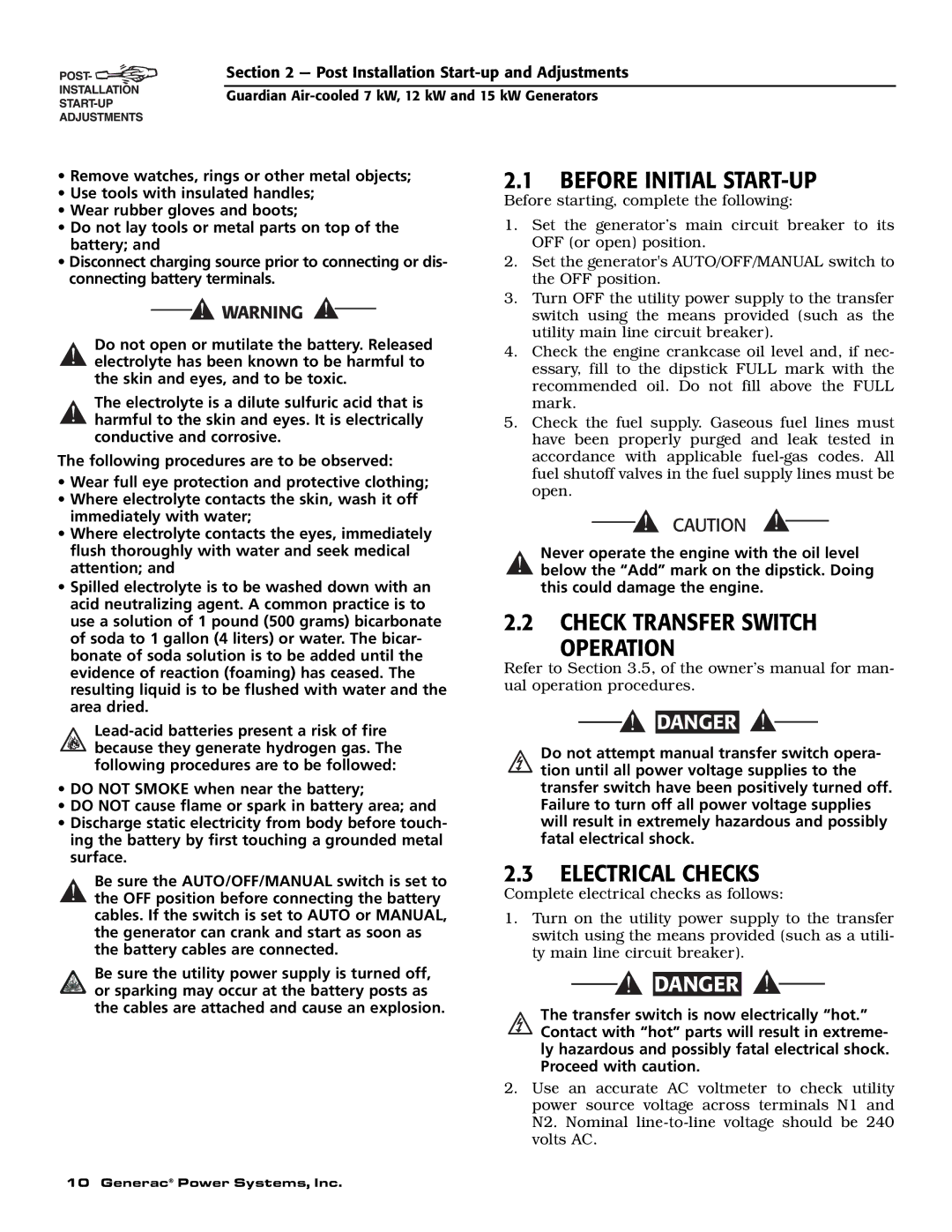 Guardian Technologies 04758-2, 04759-2, 04760-2 owner manual Before Initial START-UP, Check Transfer Switch Operation 