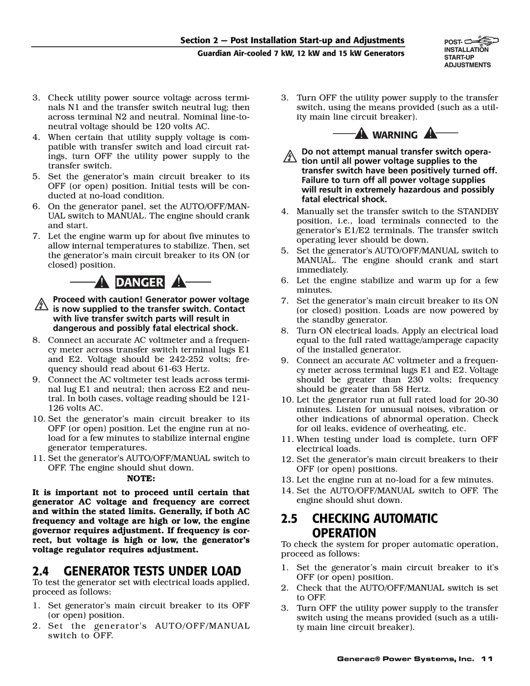 Guardian Technologies 04758-2, 04759-2, 04760-2 owner manual Generator Tests Under Load, Checking Automatic Operation 