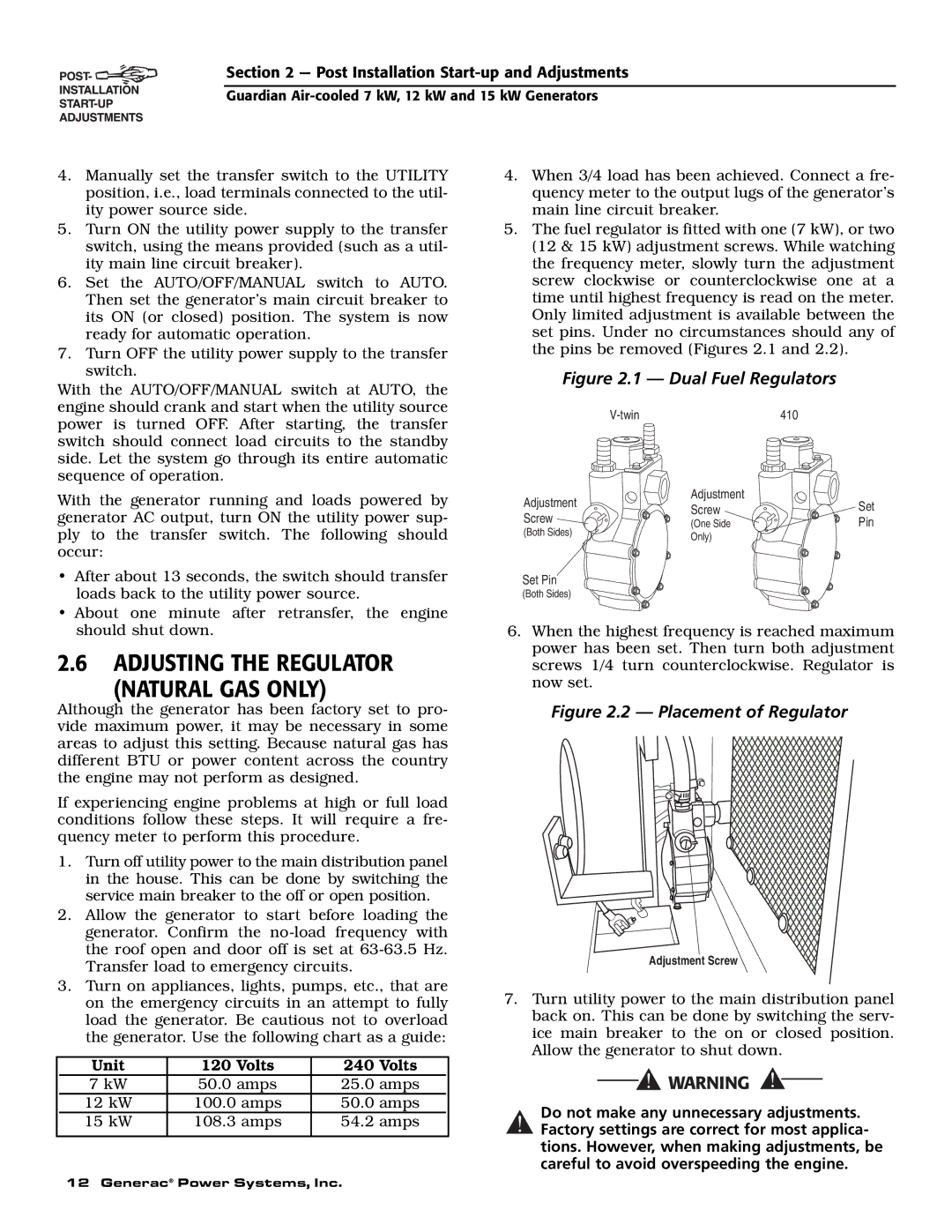 Guardian Technologies 04758-2, 04759-2, 04760-2 owner manual Adjusting the Regulator Natural GAS only, Dual Fuel Regulators 