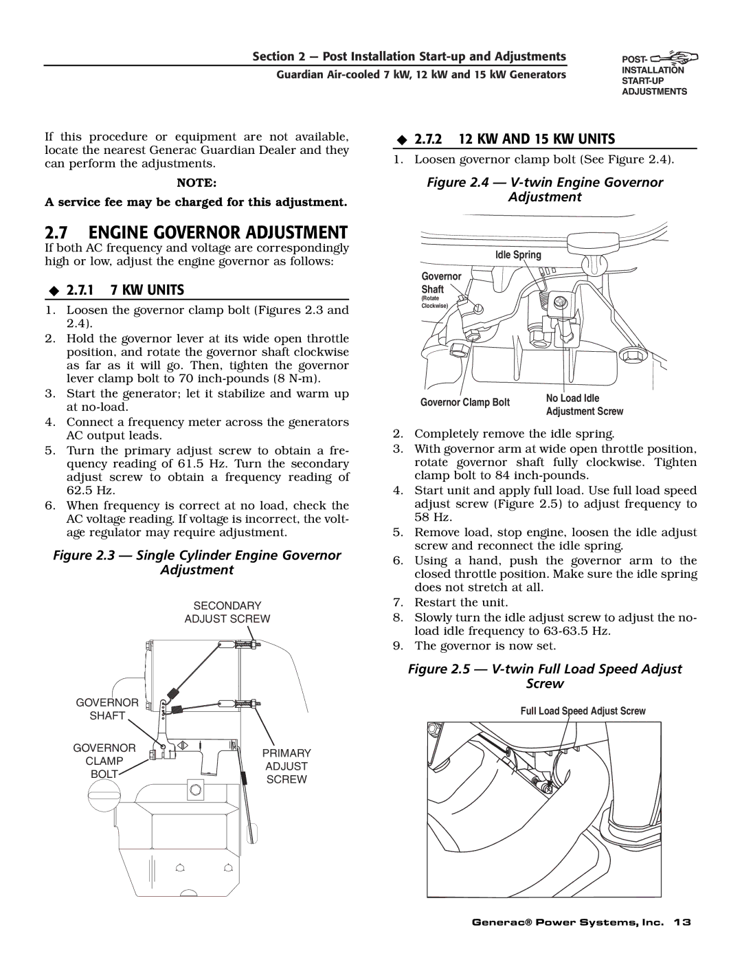 Guardian Technologies 04758-2, 04759-2, 04760-2 Engine Governor Adjustment, 2 12 KW and 15 KW Units, 1 7 KW Units 