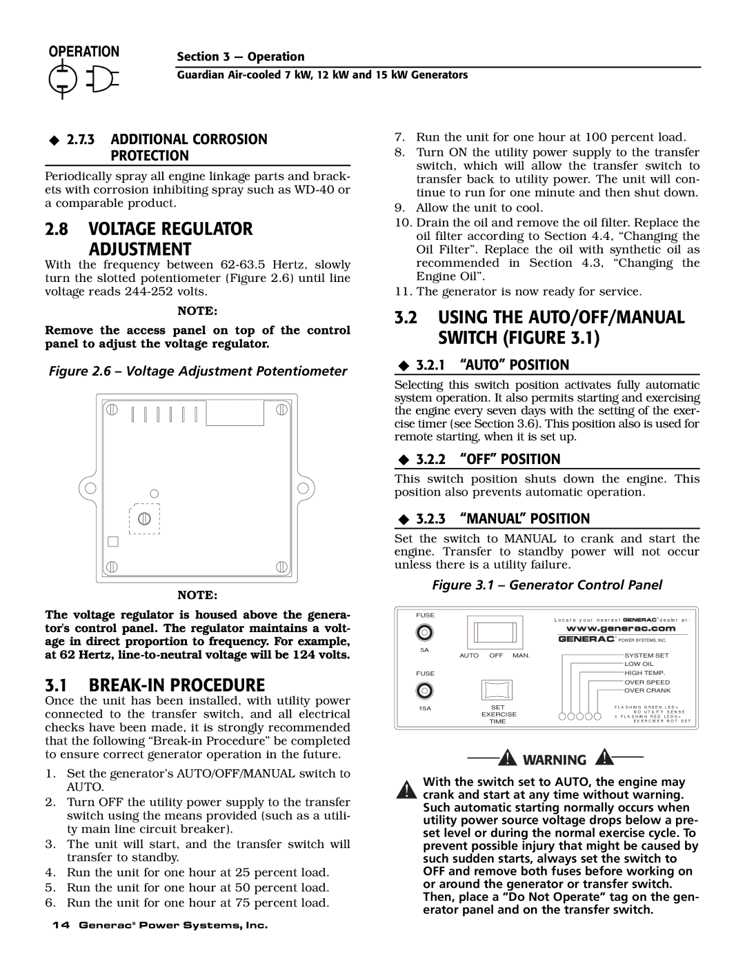 Guardian Technologies 04758-2, 04759-2, 04760-2 Voltage Regulator Adjustment, BREAK-IN Procedure, ‹ 3.2.1 Auto Position 