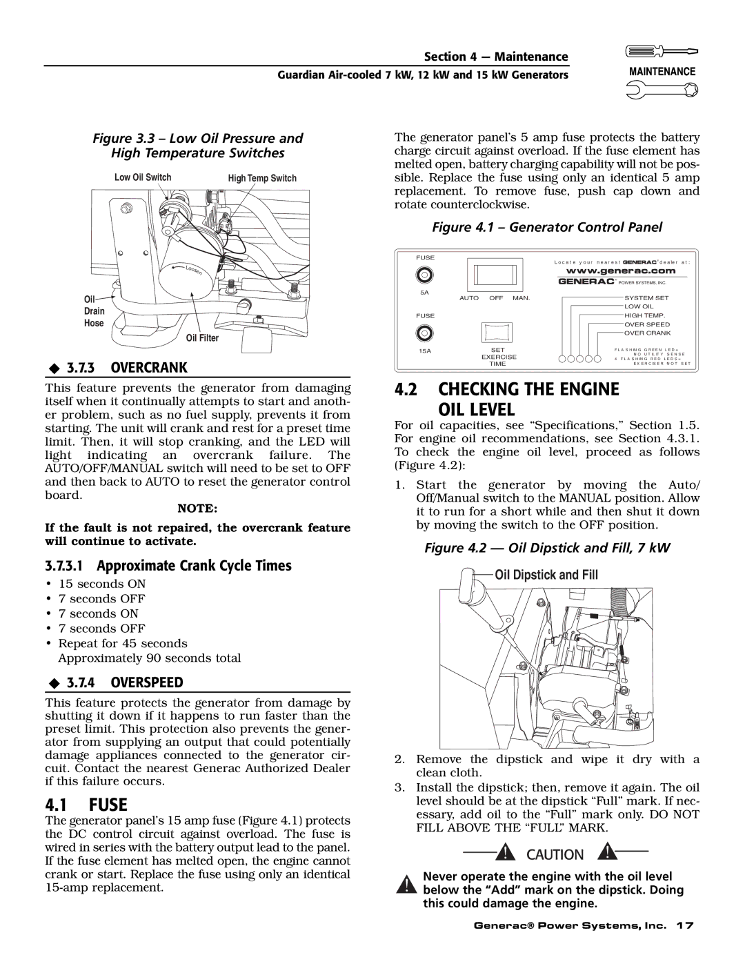 Guardian Technologies 04758-2, 04759-2, 04760-2 Checking the Engine OIL Level, ‹ 3.7.3 Overcrank, ‹ 3.7.4 Overspeed 