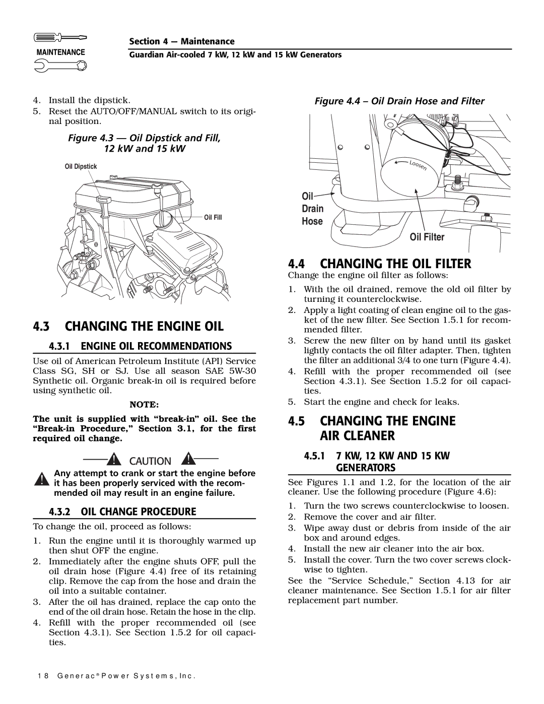 Guardian Technologies 04758-2, 04759-2, 04760-2 owner manual Changing the Engine OIL, Changing the OIL Filter 