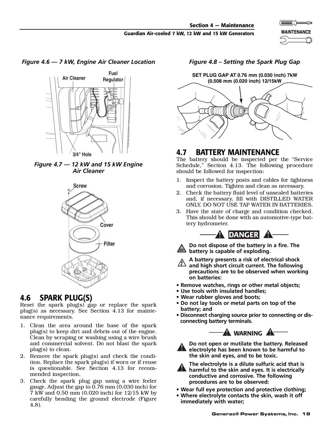 Guardian Technologies 04758-2, 04759-2, 04760-2 owner manual Battery Maintenance, Spark Plugs 