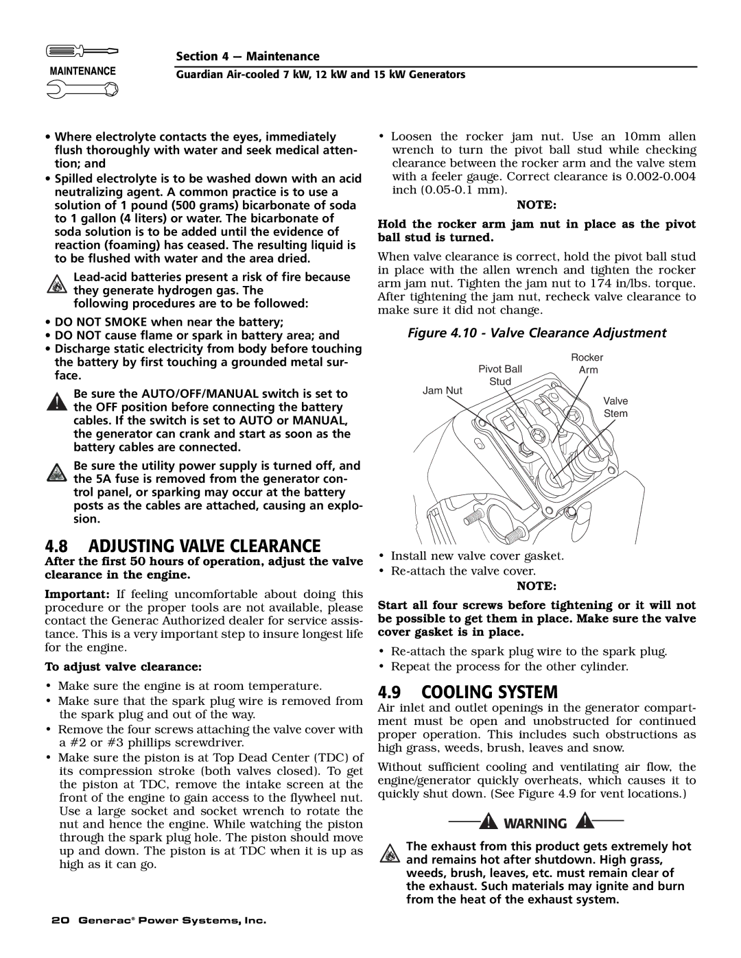 Guardian Technologies 04758-2, 04759-2, 04760-2 owner manual Adjusting Valve Clearance, Cooling System 