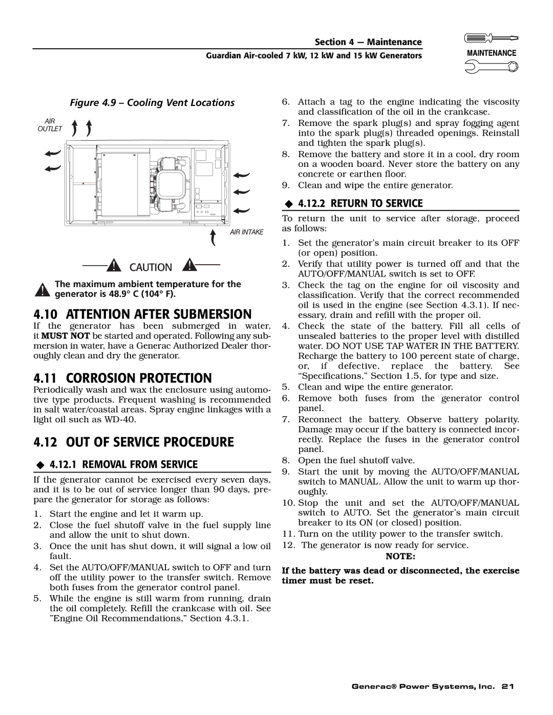 Guardian Technologies 04758-2, 04759-2, 04760-2 Corrosion Protection, OUT of Service Procedure, ‹ 4.12.2 Return to Service 