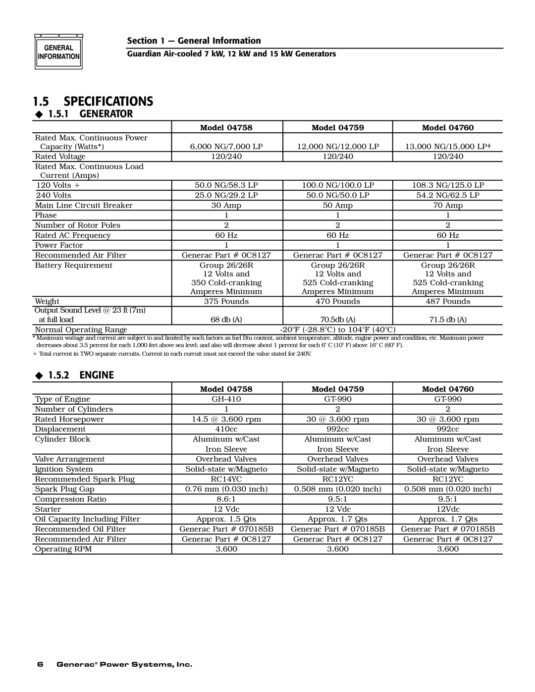 Guardian Technologies 04758-2, 04759-2, 04760-2 owner manual Specifications, ‹ 1.5.1 Generator, ‹ 1.5.2 Engine 
